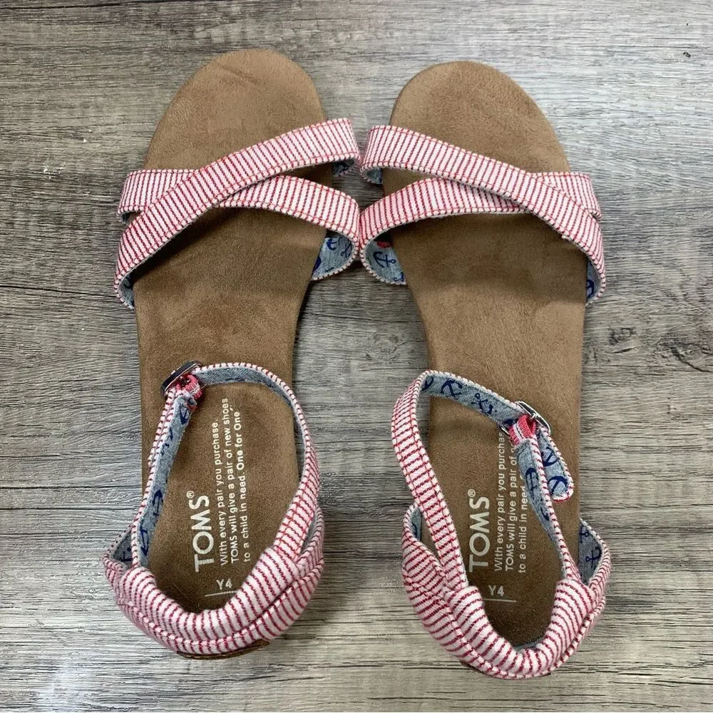 TOMS~Girls~”Correa”~ Red/White PinStripe Flat Open Toe Sandals~Size 4‎
